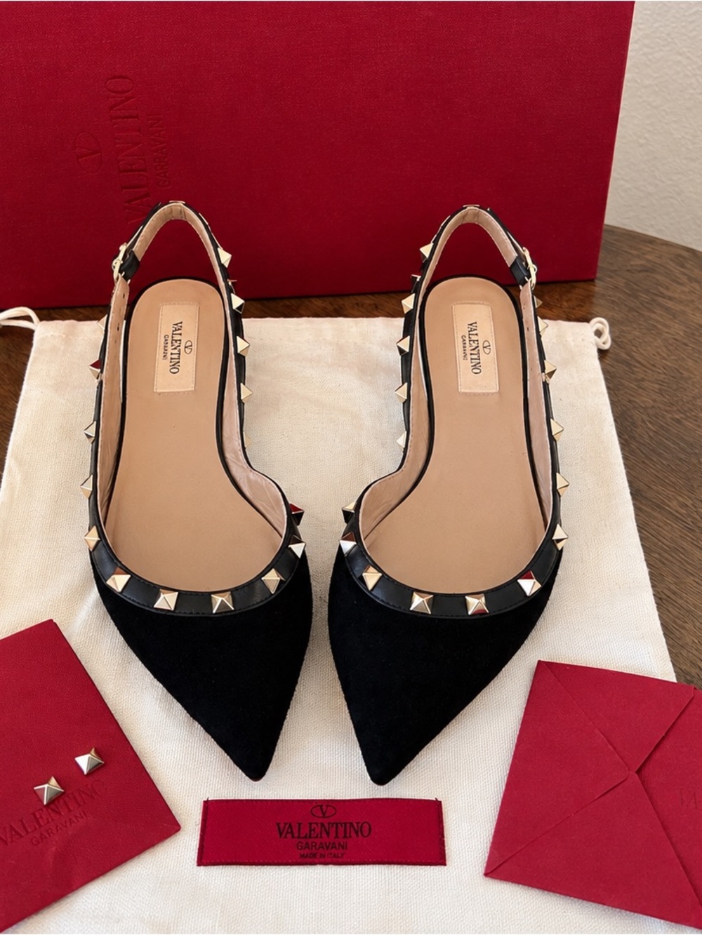 Valentino Garavani Black Suede Rockstud Pointed Slingback Flats Worn 1x 38 8
